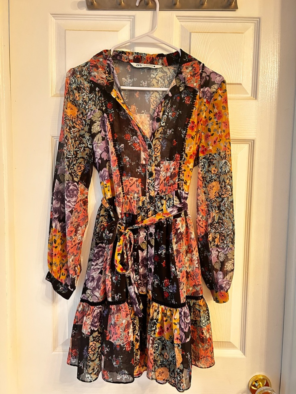 Zara Size S - Floral Patchwork Long-Sleeve Mini Dress - Multicolor